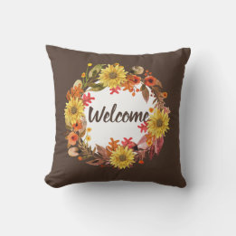Welcome Fall Flower and Leaves Wreath  Cushion