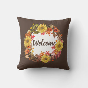 Welcome Fall Flower and Leaves Wreath Cushion