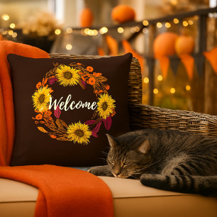 Welcome Fall Flower and Leaves Wreath  Cushion