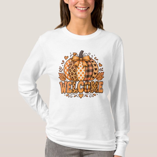 Welcome Fall Leopard Patchwork Pumpkin Bow Harvest T-Shirt (Front)