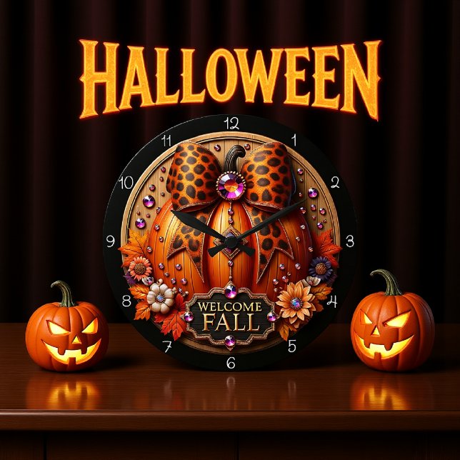 Welcome Fall Leopard Pumpkin Large Clock (Creator Uploaded)