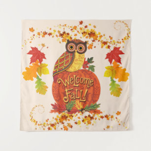 Welcome Fall Owl Autumn Leaves Selfie Backdrop Tapestry