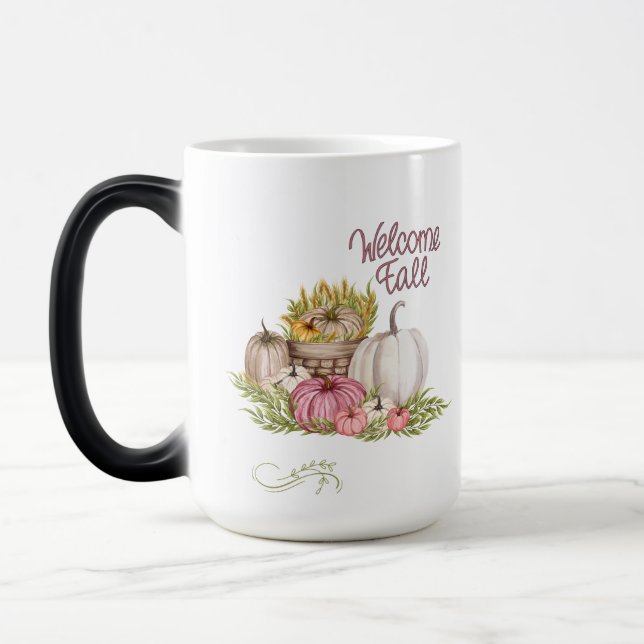 Welcome Fall Pink White Pumpkins Autumn Magic Mug (Left)