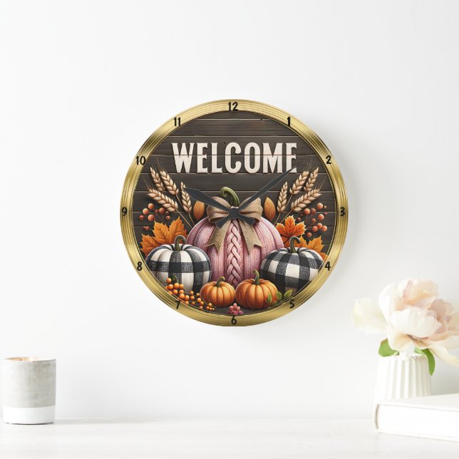 Welcome Fall Pumpkins Harvest Large Clock (Home)