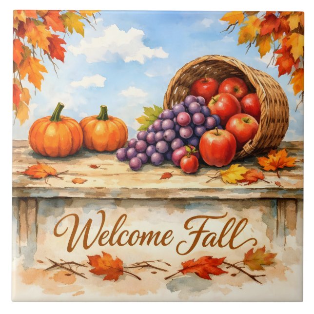 Welcome Fall Watercolor Fruit Basket and Pumpkins Ceramic Tile (Front)