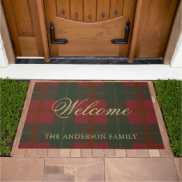 Welcome Family Christmas Red Gold Green Tartan  Doormat