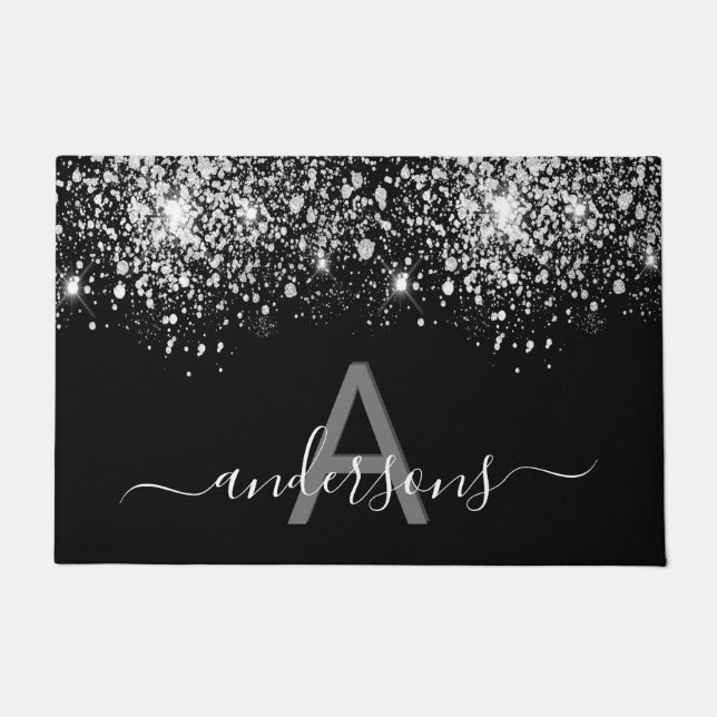 Welcome family monogram black silver glitter dust doormat (Front)