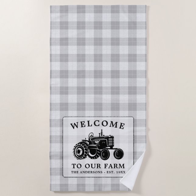 Welcome Family Name Farm Tractor White Plaid Beach Towel (Front)