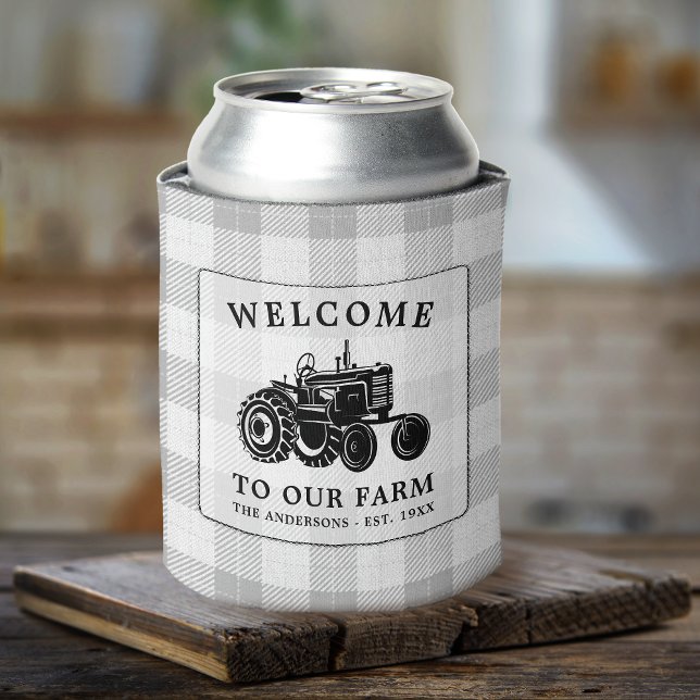 Welcome Family Name Farm Tractor White Plaid Can Cooler (Creator Uploaded)
