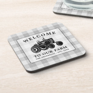 Welcome Family Name Farm Tractor White Plaid Coaster
