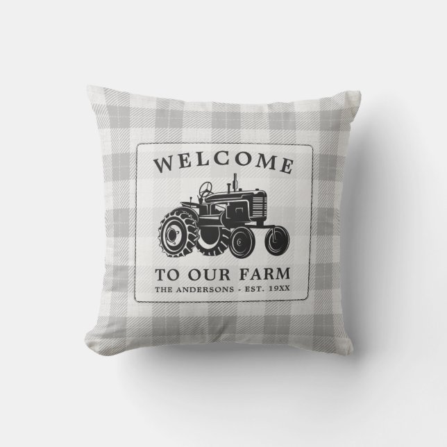 Welcome Family Name Farm Tractor White Plaid Cushion (Front)