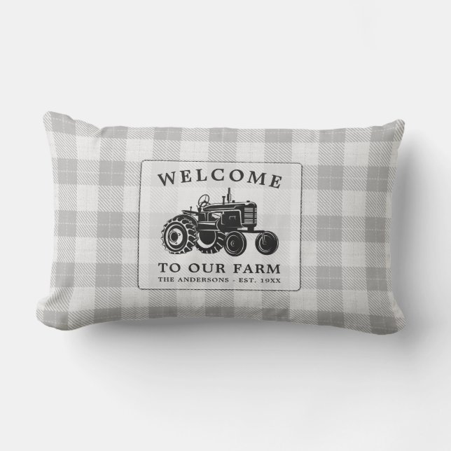 Welcome Family Name Farm Tractor White Plaid Lumbar Cushion (Front)