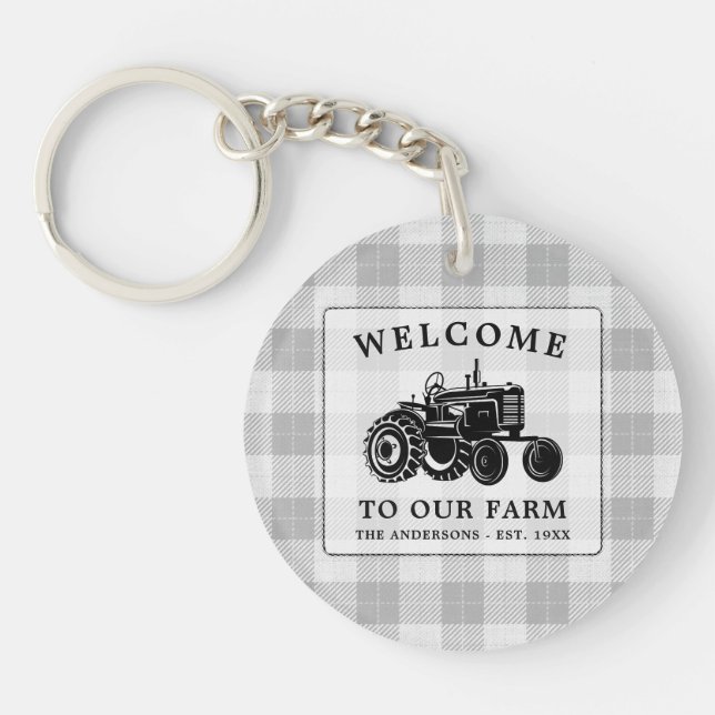 Welcome Family Name Farm Tractor White Plaid Round Key Ring (Front)