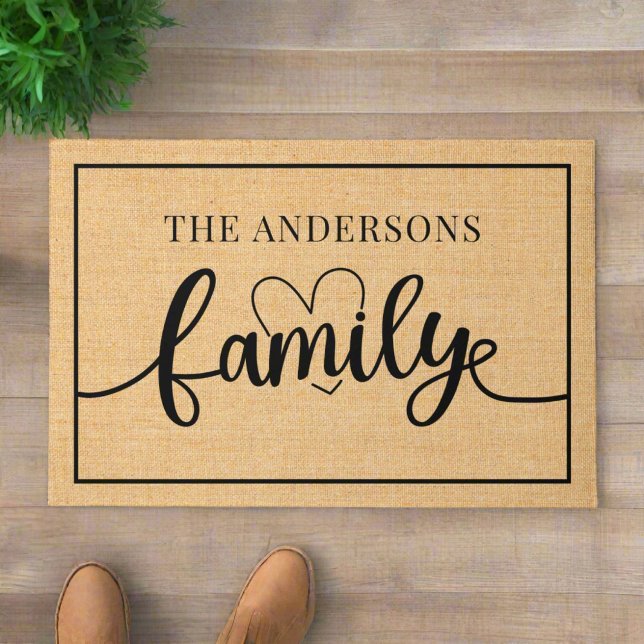  Welcome Family Name l Black Calligraphy Rustic Doormat (Creator Uploaded)