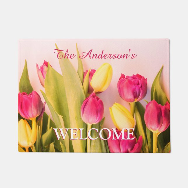 Welcome & Family Name, Pink & Yellow Tulips Doormat (Front)