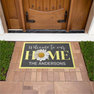 Welcome Family Name White Daisy Grey Doormat