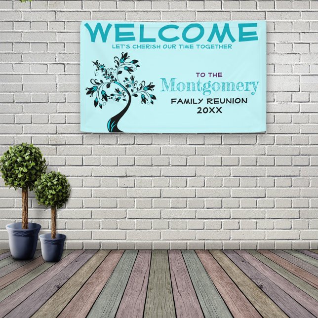 Welcome Family Reunion Modern Aquamarine Tree Banner (Creator Uploaded)