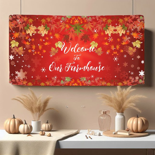 Welcome Farmhouse Fall Colour Maple Leaf Autumn Re Banner (Welcome Farmhouse Fall Color Maple Leaf Autumn Red Banner)