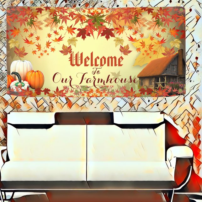 Welcome Farmhouse Pumpkin Patch Maple Leave Autumn Banner (Welcome to Our Farmhouse Banner)