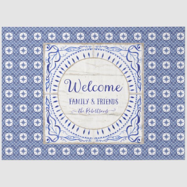 Welcome Farmhouse Tile Blue White Family Decoupage Tissue Paper (Front)