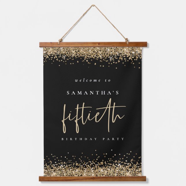 Welcome Fiftieth Gold Glitter Name Black Hanging Tapestry (Front)