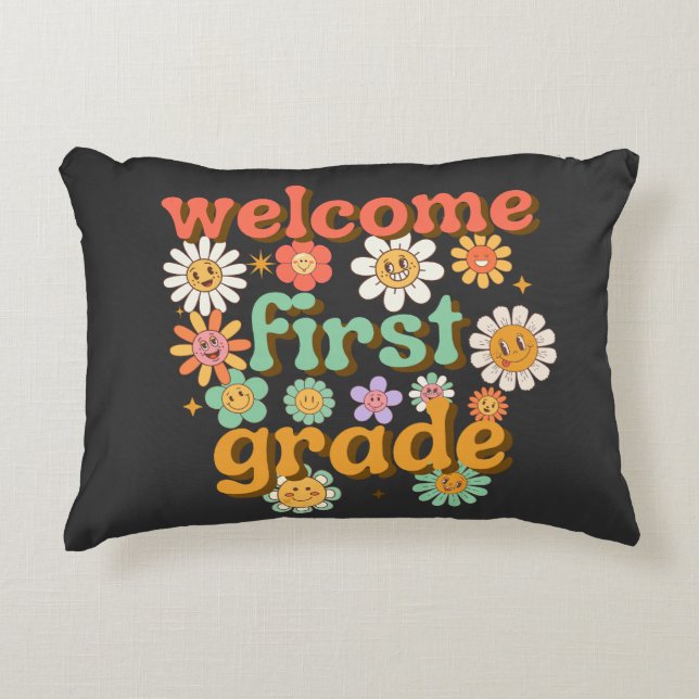 WELCOME FIRST GRADE  FIRST DAY OF SCHOOL BACK DECORATIVE CUSHION (Front)