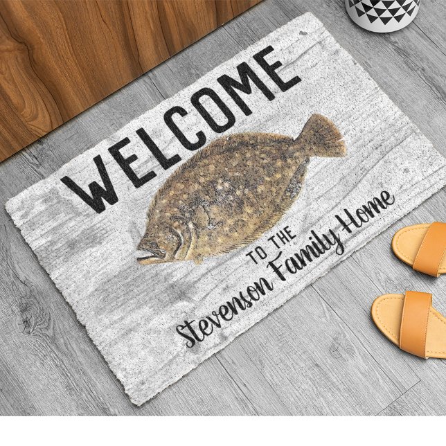 Welcome Fishing Flounder Family Name Rustic Doormat (Flounder Fishing Welcome Doormat.)