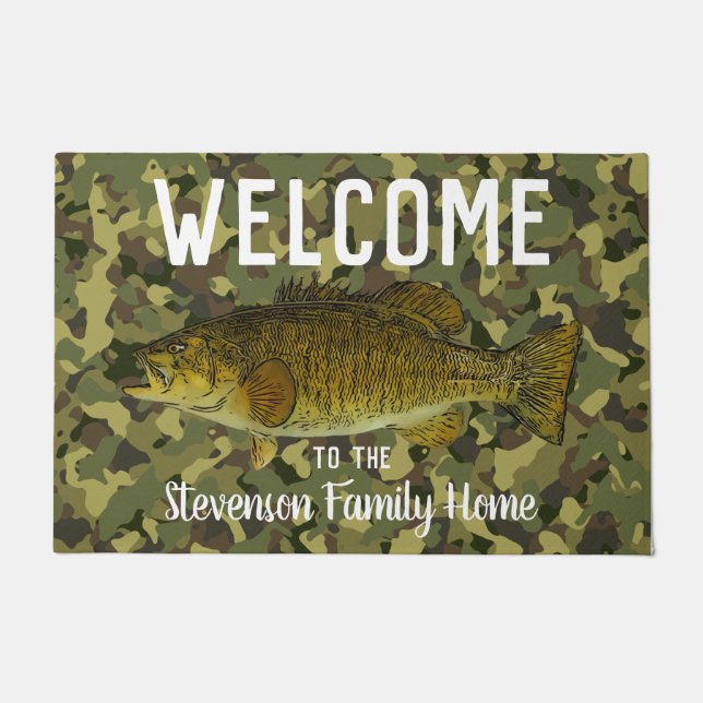 Welcome Fishing Smallmouth Bass Family Name Camo Doormat (Front)