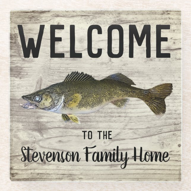 Welcome Fishing Walleye Family Name Home Glass Coaster (Front)