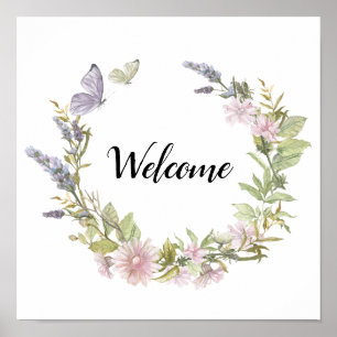 Welcome Floral Butterfly Wreath Poster