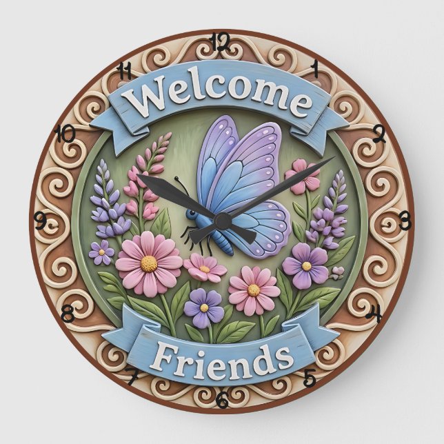 Welcome Friends Butterfly Garden Large Clock (Front)
