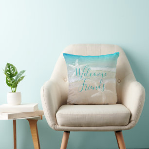 Welcome Friends Ocean Beach Sea Stars Throw Pillow