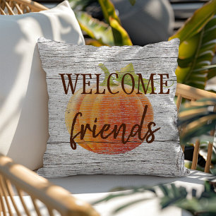 Welcome Friends Pumpkin On Weathered Wood Planks Cushion