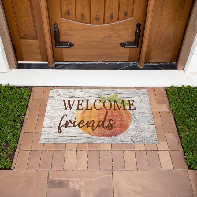Welcome Friends Pumpkin On Weathered Wood Planks Doormat (Outdoor)