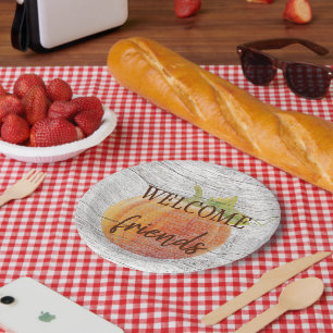 Welcome Friends Pumpkin On Weathered Wood Planks Paper Plate