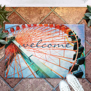 "Welcome" Fun, Giant Colourful Ferris Wheel Photo Doormat
