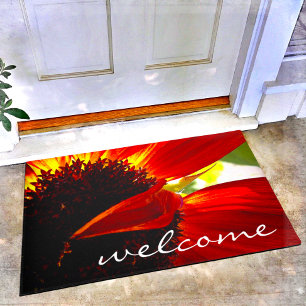 "Welcome" Giant Red Orange Daisy Close-up Photo Doormat