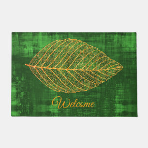Welcome Gold Autumn Leaf on Emerald Green Doormat