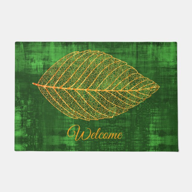 Welcome Gold Autumn Leaf on Emerald Green Doormat (Front)