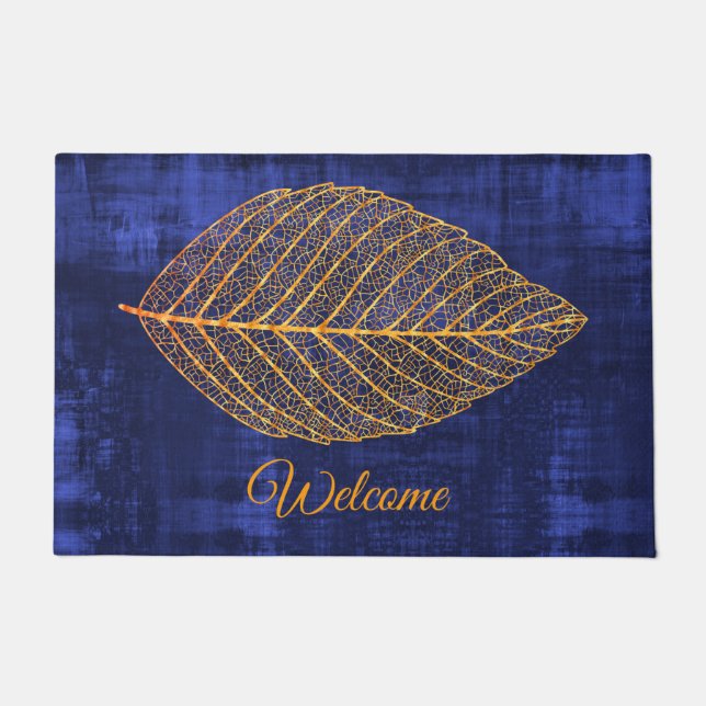 Welcome Gold Autumn Leaf on NAVY BLUE Doormat (Front)