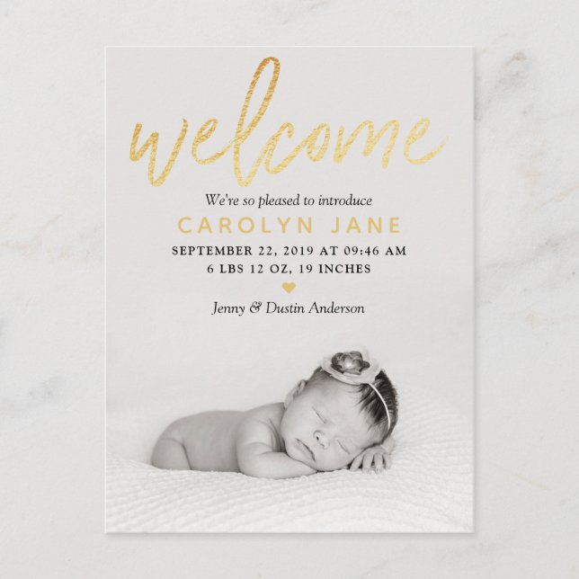 "Welcome" Gold Foil Photo Birth Announcement (Front)