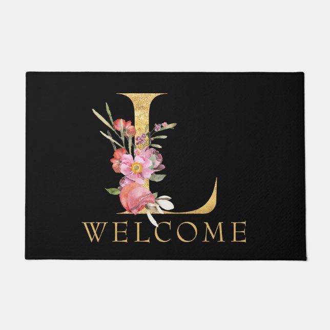 WELCOME, Gold Monogram L with Pink Florals, Black Doormat (Front)