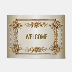 Welcome Golden Ornate Rectangle Dimond Flowers Doormat