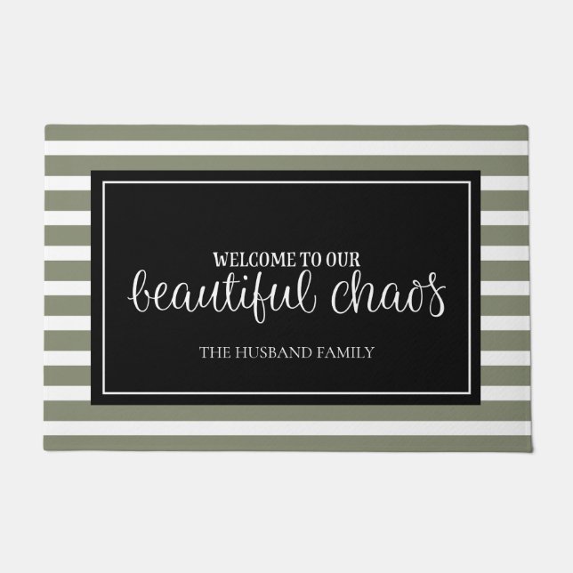 Welcome Green and White Personalised Family Name  Doormat (Front)