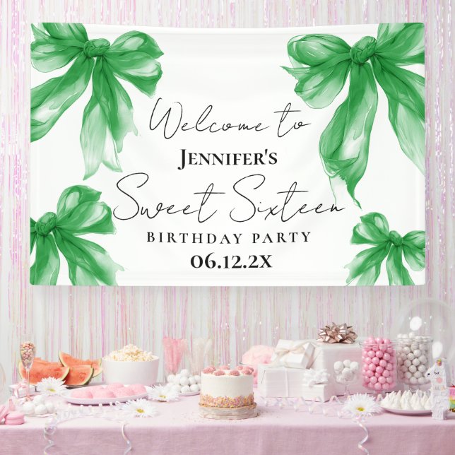 Welcome Green Bow Coquette Script Sweet 16  Banner (Party)