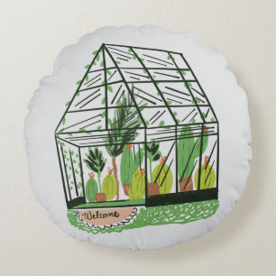 Welcome Green House Botanical Cactus Plants Art Round Cushion