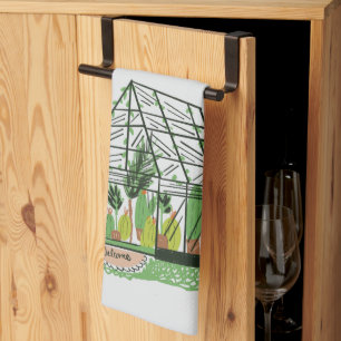 Welcome Green House Botanical Cactus Plants Art Tea Towel