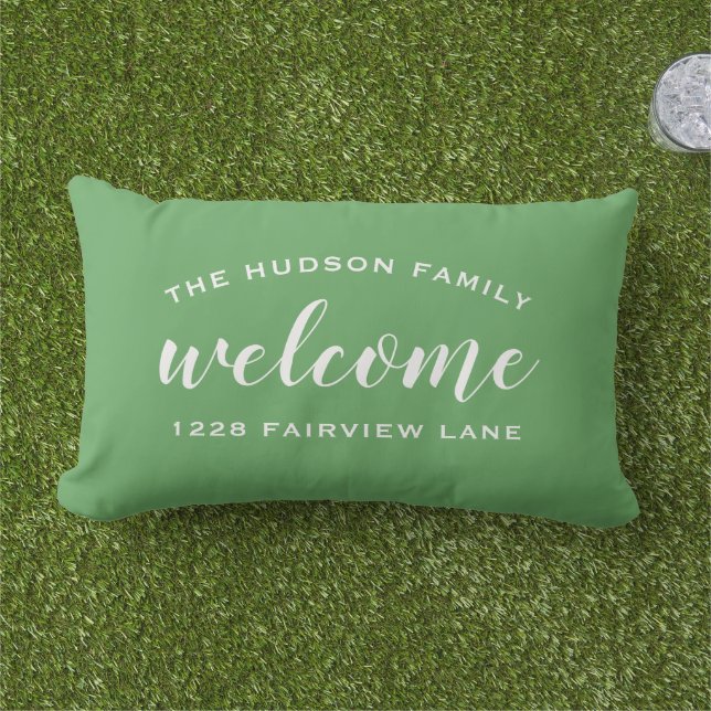Welcome Green Personalised Family Name Address Lumbar Cushion (Grass)