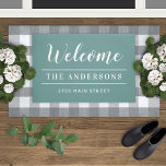Welcome Green Personalised Family Name Doormat<br><div class="desc">Elegant and timeless custom doormat features "Welcome" in calligraphy script writing with your family's last name and your home's street address personalised in white with simple stripe accents. Note,  the juniper blue green background and white text colours can be modified to coordinate with your porch or entry decor.</div>