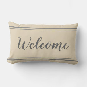 Welcome Grey and Beige Stripe Pillow